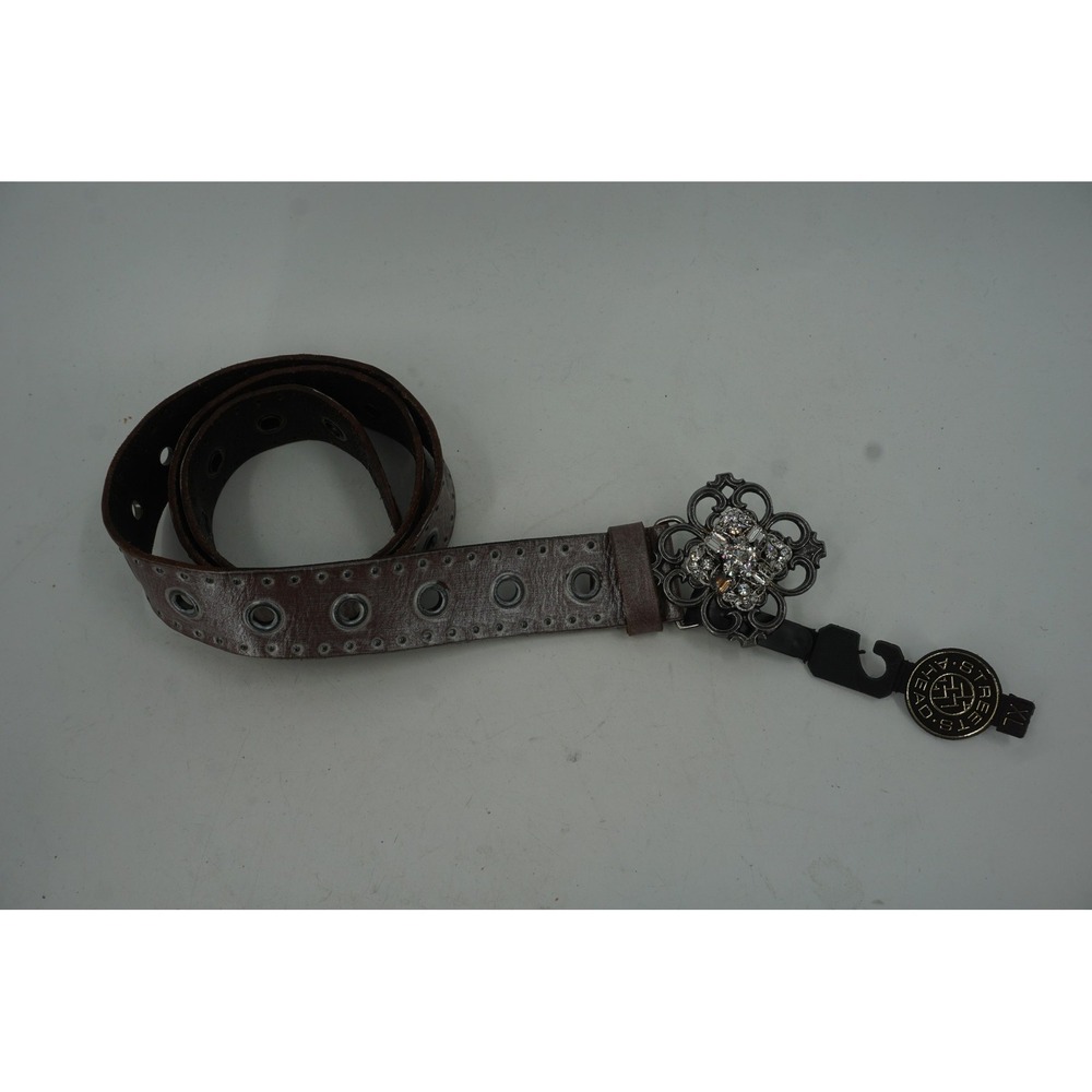 Streets Ahead Belt Womens XL Brown Leather Grommet Rhinestone Buckle 14072